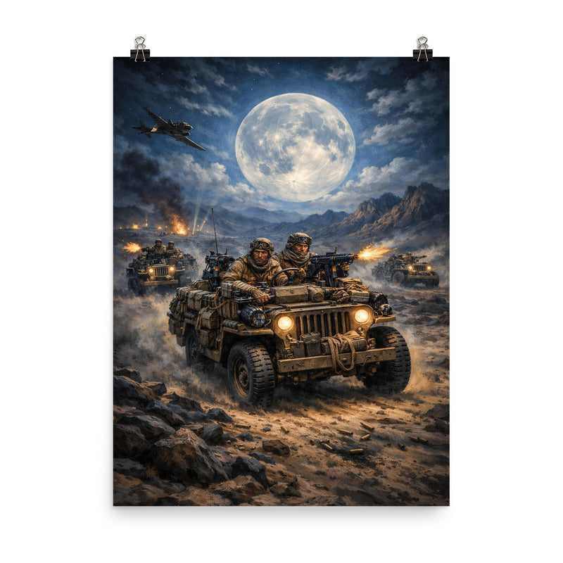 SAS jeep raid in North African moonlight poster on a plain backdrop in size 8