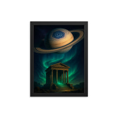 Saturn hexagon above polar aurora temple framed print on a plain backdrop in size 12"x16".