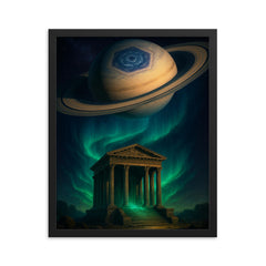 Saturn hexagon above polar aurora temple framed print on a plain backdrop in size 16"x20".