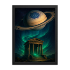 Saturn hexagon above polar aurora temple framed print on a plain backdrop in size 18"x24".