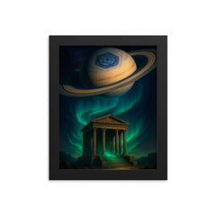 Saturn hexagon above polar aurora temple framed print on a plain backdrop in size 8"x10".