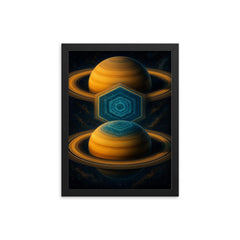 Saturn hexagon storm in impossible symmetry framed print on a plain backdrop in size 12"x16".