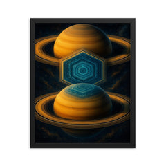 Saturn hexagon storm in impossible symmetry framed print on a plain backdrop in size 16"x20".