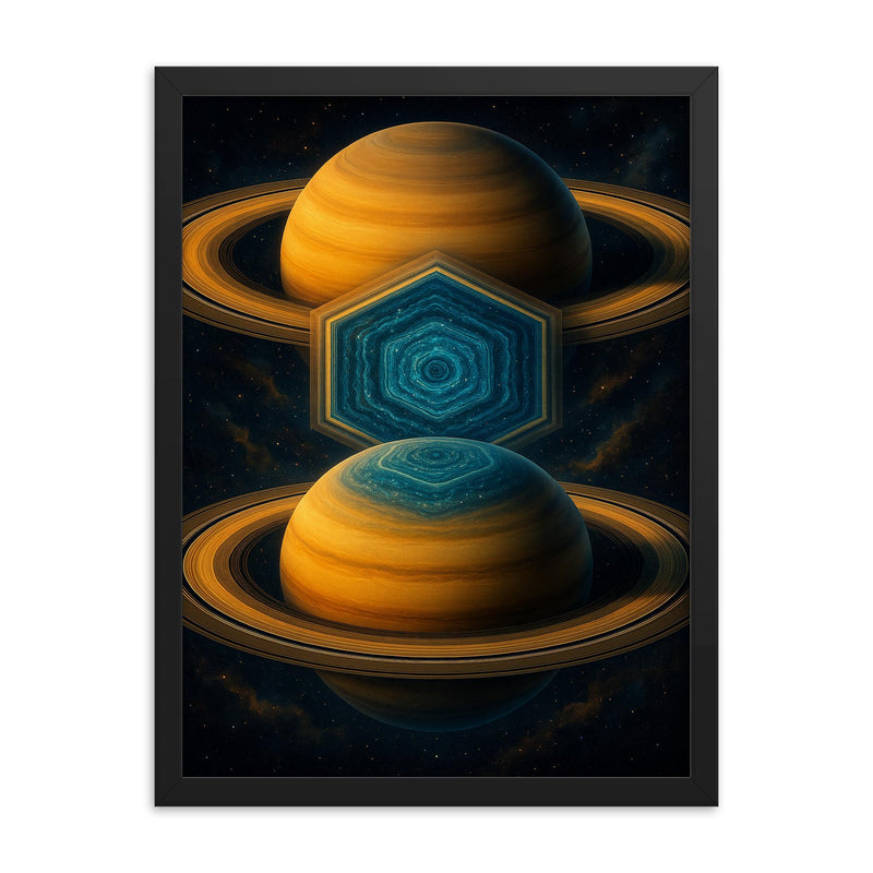 Saturn hexagon storm in impossible symmetry framed print on a plain backdrop in size 18
