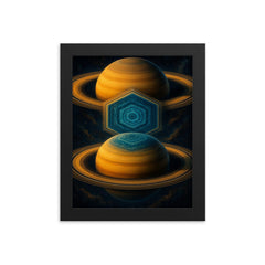 Saturn hexagon storm in impossible symmetry framed print on a plain backdrop in size 8"x10".