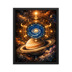 Saturn's hexagon like occult geometry framed print on a plain backdrop in size 16"x20".