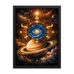 Saturn's hexagon like occult geometry framed print on a plain backdrop in size 18"x24".