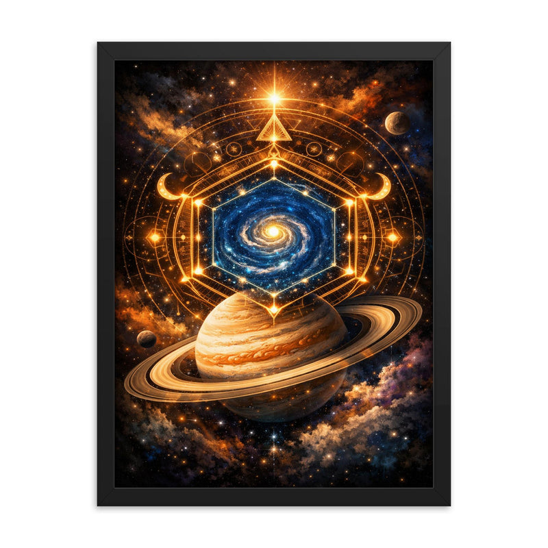 Saturn's hexagon like occult geometry framed print on a plain backdrop in size 18