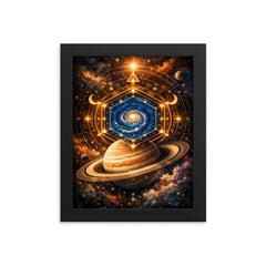 Saturn's hexagon like occult geometry framed print on a plain backdrop in size 8"x10".