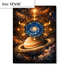 Saturn's hexagon like occult geometry metal print on a plain backdrop in size 12"x16".