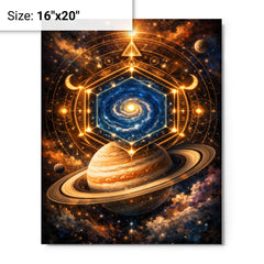 Saturn's hexagon like occult geometry metal print on a plain backdrop in size 16"x20".