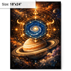 Saturn's hexagon like occult geometry metal print on a plain backdrop in size 18"x24".