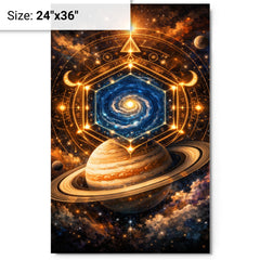 Saturn's hexagon like occult geometry metal print on a plain backdrop in size 24"x36".