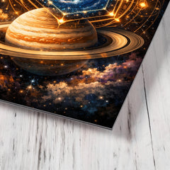 Saturn's hexagon like occult geometry metal print mockup