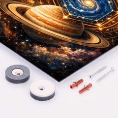 Saturn's hexagon like occult geometry metal print mockup