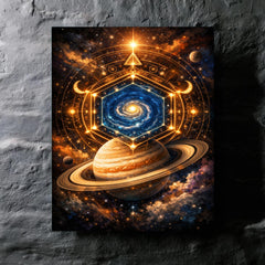 Saturn's hexagon like occult geometry metal print mockup