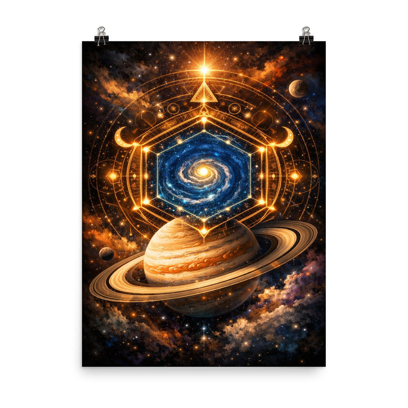 Saturn's hexagon like occult geometry poster on a plain backdrop in size 8