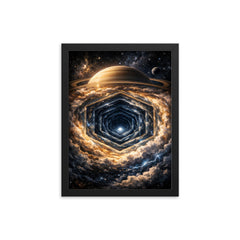 Saturn's hexagon seen as polar geometric abyss framed print on a plain backdrop in size 12"x16".