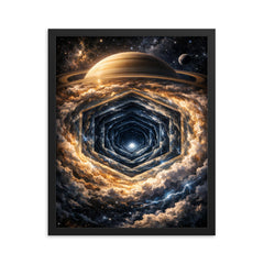 Saturn's hexagon seen as polar geometric abyss framed print on a plain backdrop in size 16"x20".