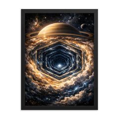Saturn's hexagon seen as polar geometric abyss framed print on a plain backdrop in size 18"x24".