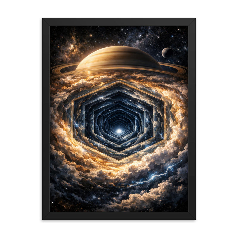 Saturn's hexagon seen as polar geometric abyss framed print on a plain backdrop in size 18