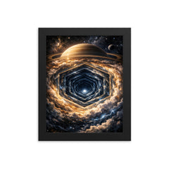 Saturn's hexagon seen as polar geometric abyss framed print on a plain backdrop in size 8"x10".