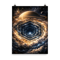 Saturn's hexagon seen as polar geometric abyss poster on a plain backdrop in size 8"x10".