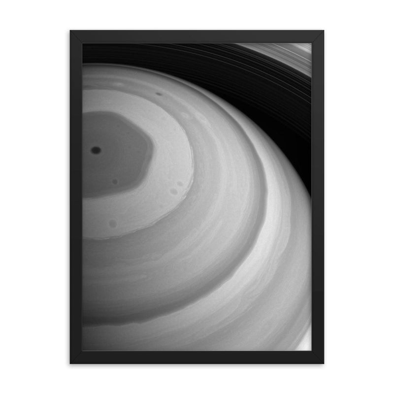 Saturns north-pole hexagon storm  Hubble 2020 framed print on a plain backdrop in size 18
