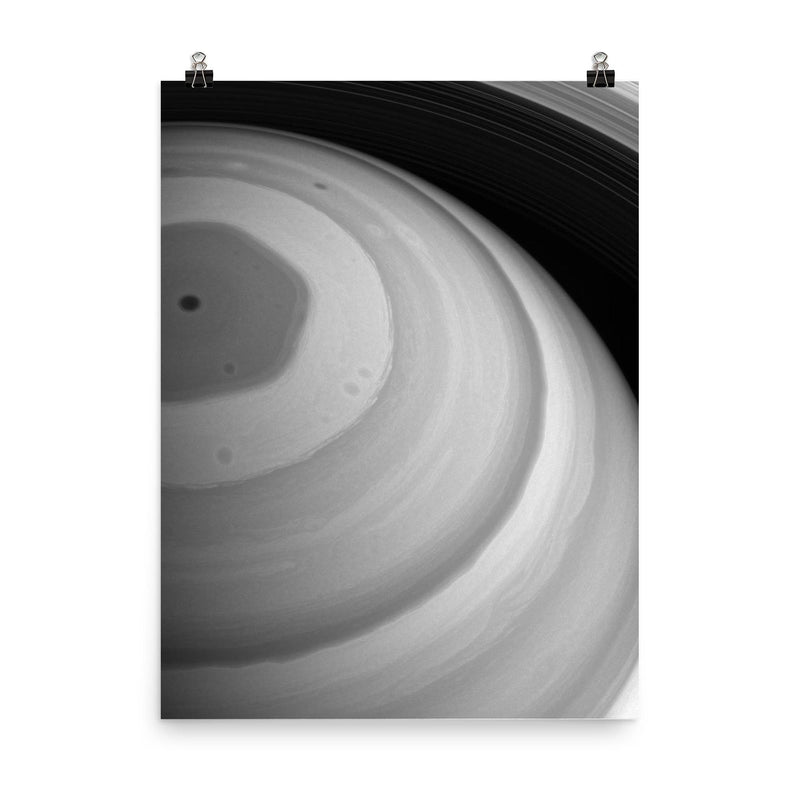 Saturns north-pole hexagon storm  Hubble 2020 poster on a plain backdrop in size 8