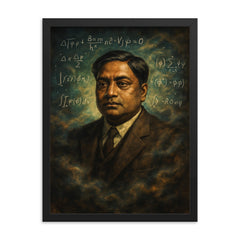 Satyendra Nath Bose amid quantum blackboard haze framed print on a plain backdrop in size 18"x24".