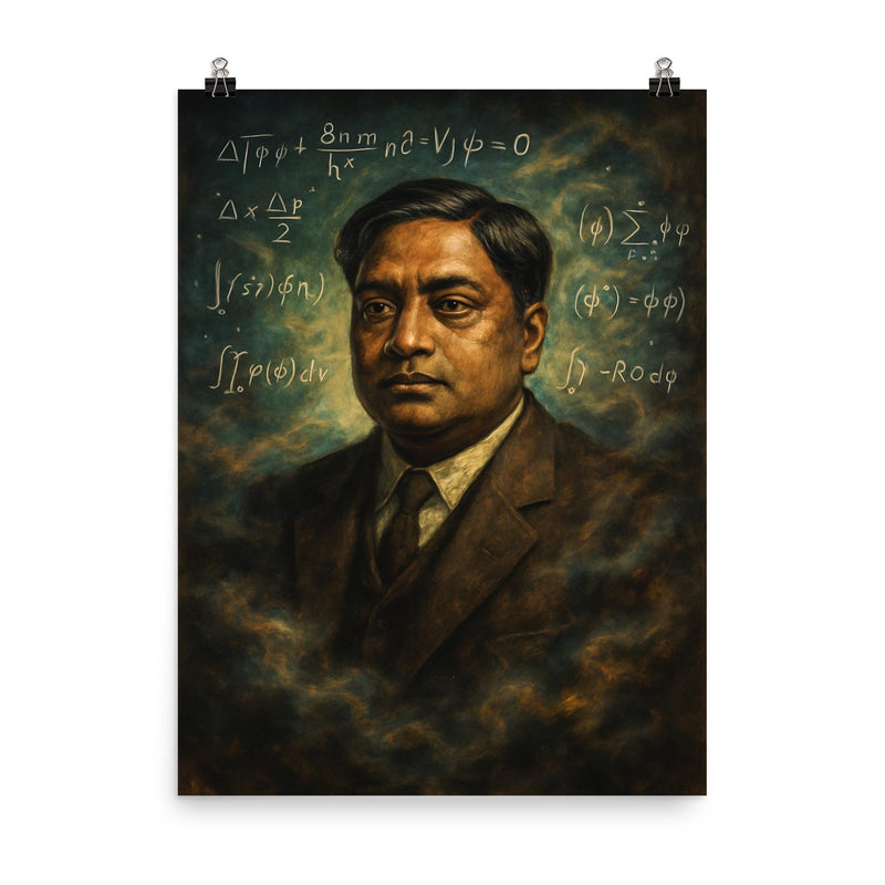 Satyendra Nath Bose amid quantum blackboard haze poster on a plain backdrop in size 8