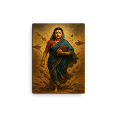 Savitribai Phule walking to school through thrown mud canvas print on a plain backdrop in size 12"x16".