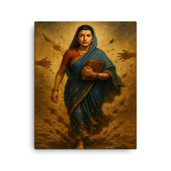 Savitribai Phule walking to school through thrown mud canvas print on a plain backdrop in size 16"x20".