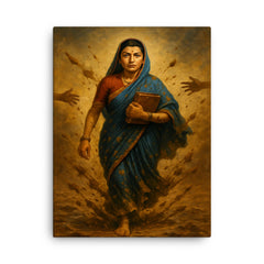 Savitribai Phule walking to school through thrown mud canvas print on a plain backdrop in size 18"x24".