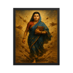 Savitribai Phule walking to school through thrown mud framed print on a plain backdrop in size 16"x20".