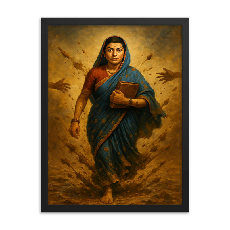 Savitribai Phule walking to school through thrown mud framed print on a plain backdrop in size 18