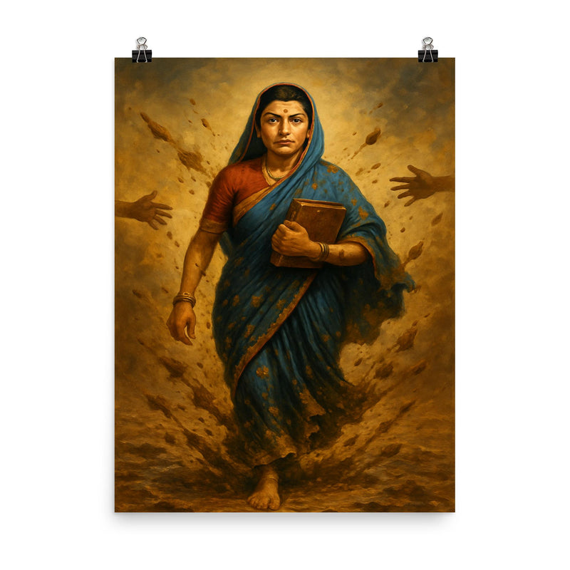 Savitribai Phule walking to school through thrown mud poster on a plain backdrop in size 8