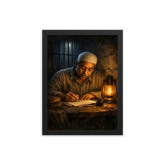 Sayyid Qutb in prison writing by dim light framed print on a plain backdrop in size 12"x16".