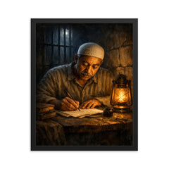 Sayyid Qutb in prison writing by dim light framed print on a plain backdrop in size 16"x20".