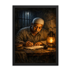 Sayyid Qutb in prison writing by dim light framed print on a plain backdrop in size 18"x24".