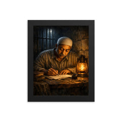 Sayyid Qutb in prison writing by dim light framed print on a plain backdrop in size 8"x10".