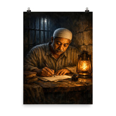 Sayyid Qutb in prison writing by dim light poster on a plain backdrop in size 8"x10".