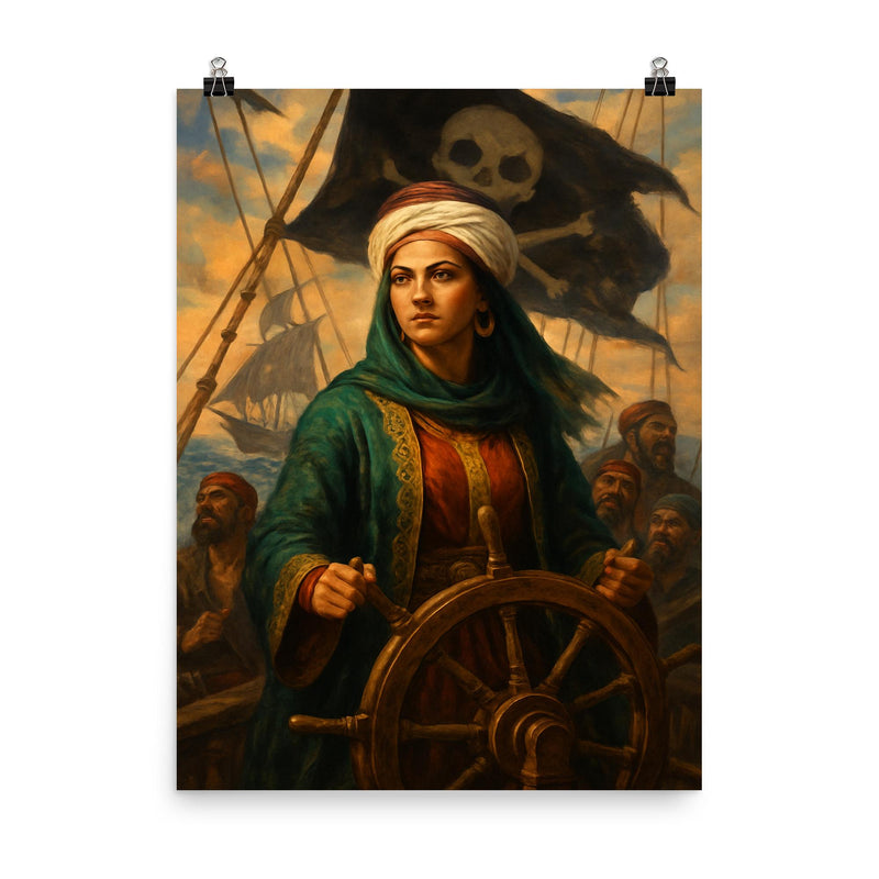 Sayyida al Hurra at the helm of corsairs poster on a plain backdrop in size 8