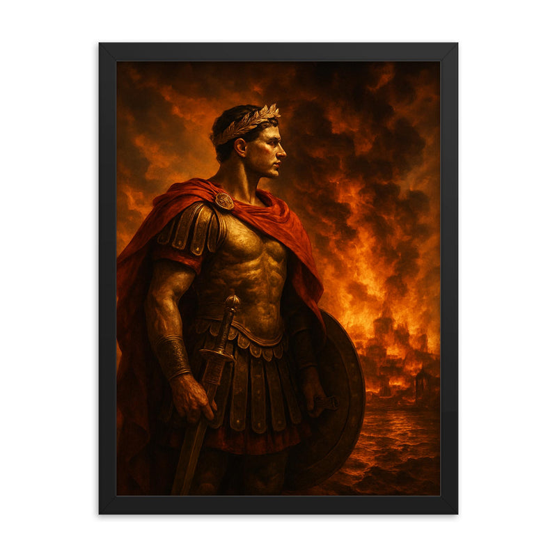 Scipio Africanus before burning Carthaginian horizon framed print on a plain backdrop in size 18