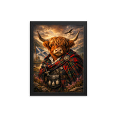 Scottish Highland cow in Jacobite tartan framed print on a plain backdrop in size 12"x16".