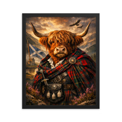 Scottish Highland cow in Jacobite tartan framed print on a plain backdrop in size 16"x20".
