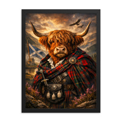 Scottish Highland cow in Jacobite tartan framed print on a plain backdrop in size 18"x24".