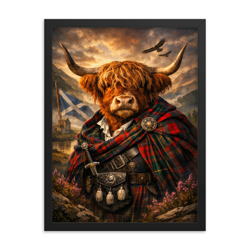 Scottish Highland cow in Jacobite tartan framed print on a plain backdrop in size 18