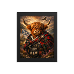 Scottish Highland cow in Jacobite tartan framed print on a plain backdrop in size 8"x10".