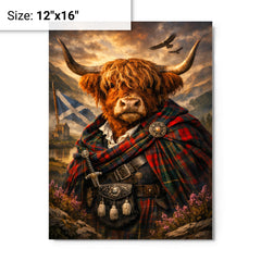 Scottish Highland cow in Jacobite tartan metal print on a plain backdrop in size 12"x16".